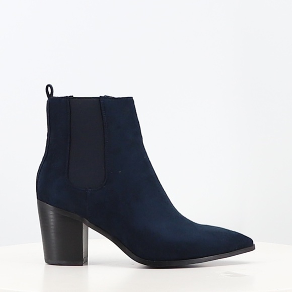 Women’s Pointed Toe Chelsea Ankle High Heel Block Boot in Navy Faux Suede - Picture 2 of 15